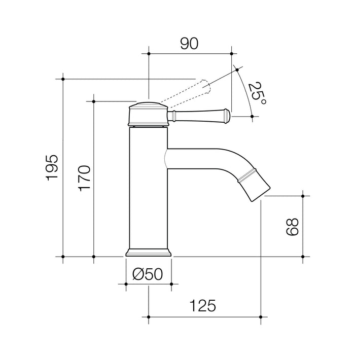 Technical Drawing Caroma Riviere Basin Mixer - Brushed Bronze 520001BBZ6AF - The Blue Space