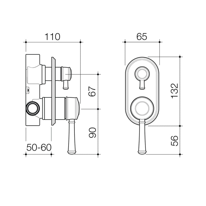 Technical Drawing Caroma Riviere Bath Shower Mixer With Diverter - Chrome 520006C - The Blue Space