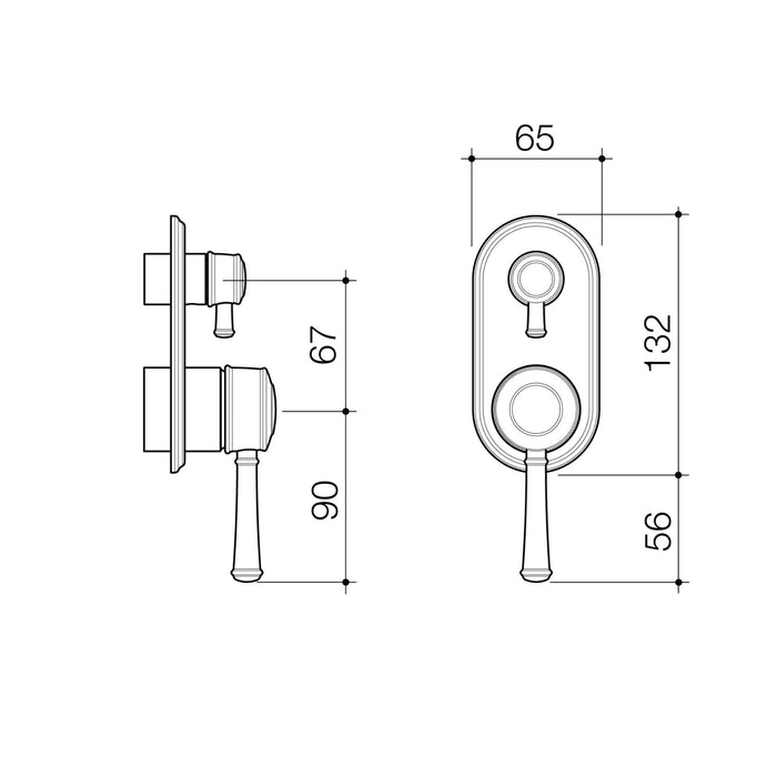 Technical Drawing Caroma Riviere Bath Shower Mixer With Diverter Trim Kit - Brushed Brass 520008BB - The Blue Space