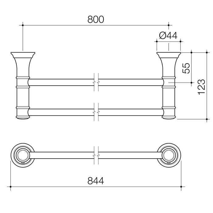 Technical Drawing Caroma Riviere Double Towel Rail 800mm - Brushed Nickel 520037BN - The Blue Space