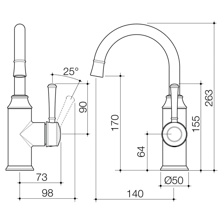 Technical Drawing Caroma Riviere Gooseneck Basin Mixer - Brushed Brass 520004BB6AF - The Blue Space