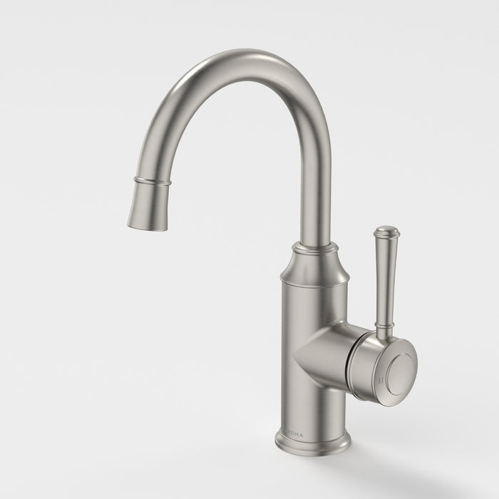 Caroma Riviere Gooseneck Basin Mixer - Brushed Nickel 520004BN6AF - The Blue Space