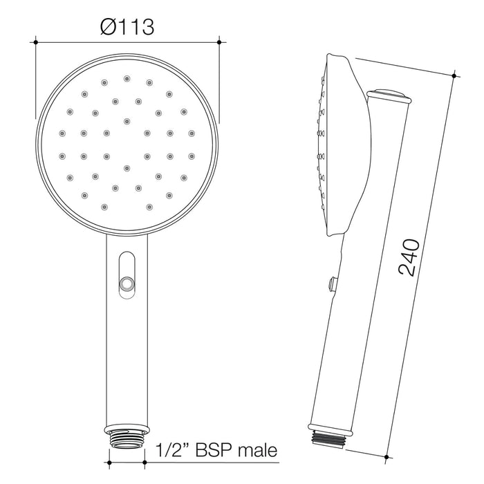 Technical Drawing Caroma Riviere Handset - Brushed Nickel 520046BN4A - The Blue Space