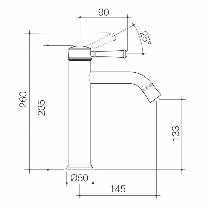 Technical Drawing Caroma Riviere Mid Tower Basin Mixer - Brushed Brass 520002BB6AF - The Blue Space