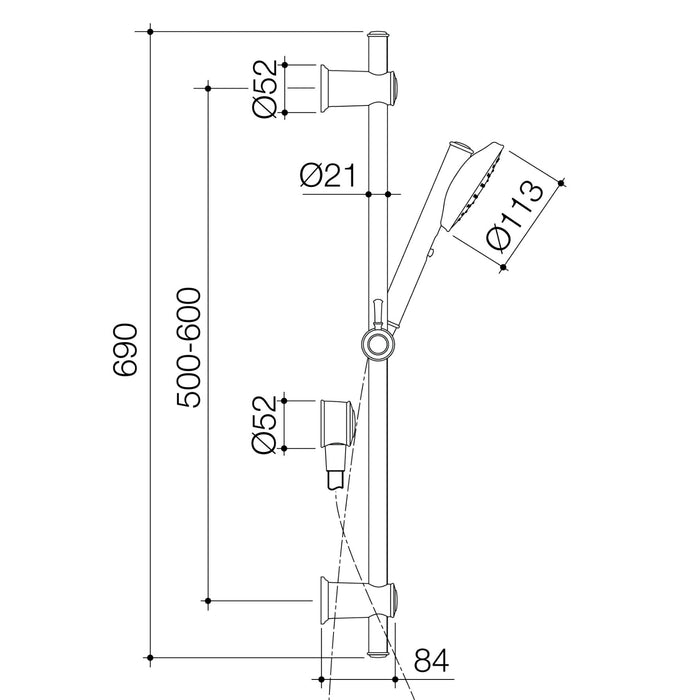 Technical Drawing Caroma Riviere Rail Shower - Chrome 520042C4A - The Blue Space