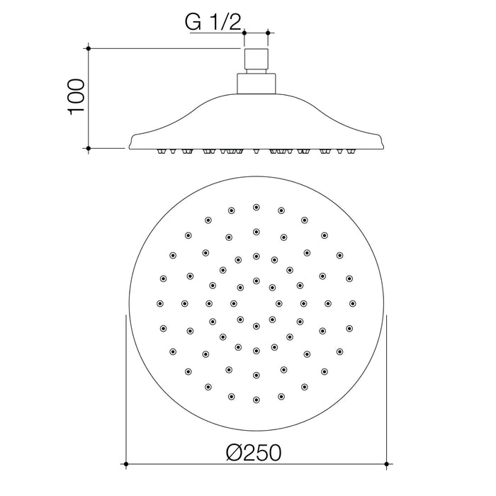 Technical Drawing Caroma Riviere Rain Shower 250mm - Brushed Bronze 520044BBZ4A - The Blue Space