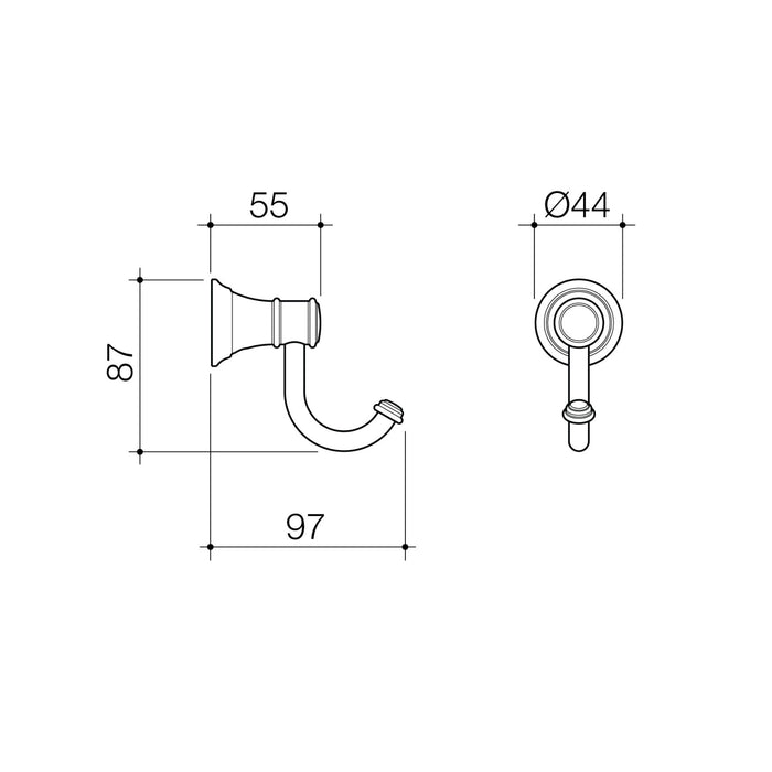 Technical Drawing Caroma Riviere Robe Hook - Brushed Bronze 520031BBZ - The Blue Space