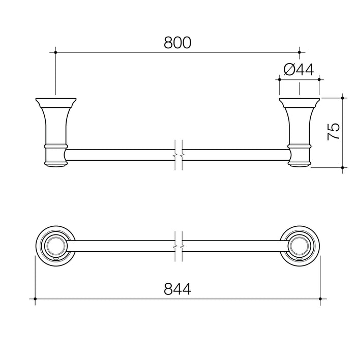 Technical Drawing Caroma Riviere Single Towel Rail 800mm - Chrome 520036C - The Blue Space