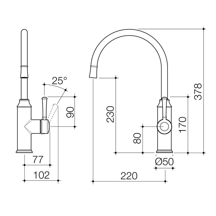 Technical Drawing Caroma Riviere Sink Mixer - Brushed Nickel 520016BN56AF - The Blue Space