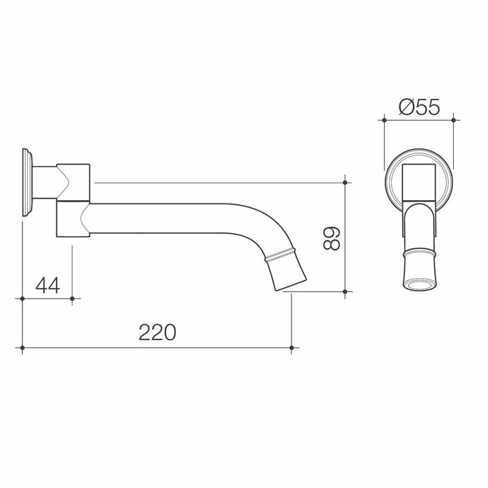 Technical Drawing Caroma Riviere Swivel Bath Outlet 220mm - Brushed Brass 520015BB - The Blue Space