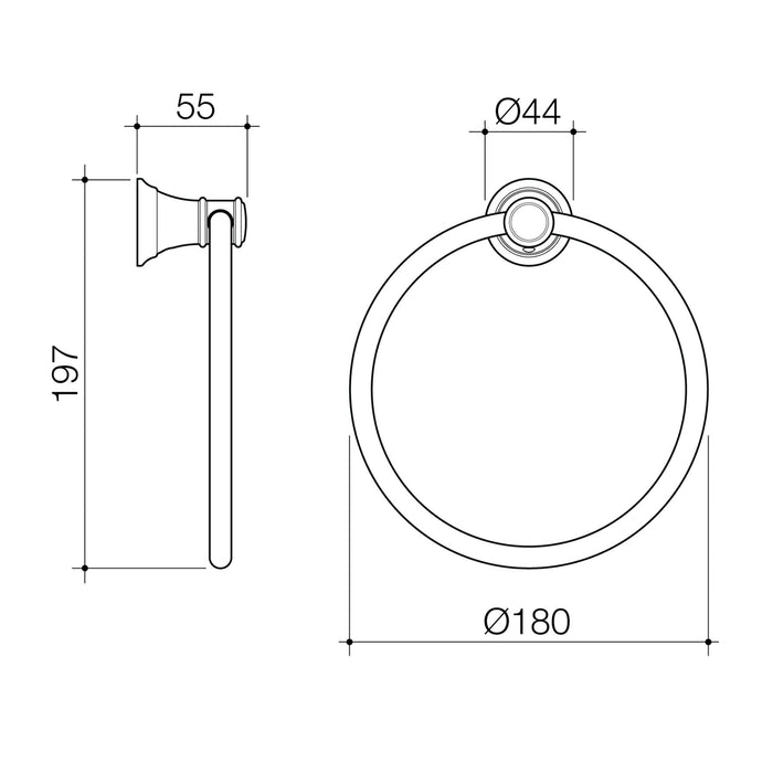 Technical Drawing Caroma Riviere Towel Ring - Brushed Brass 520032BB - The Blue Space