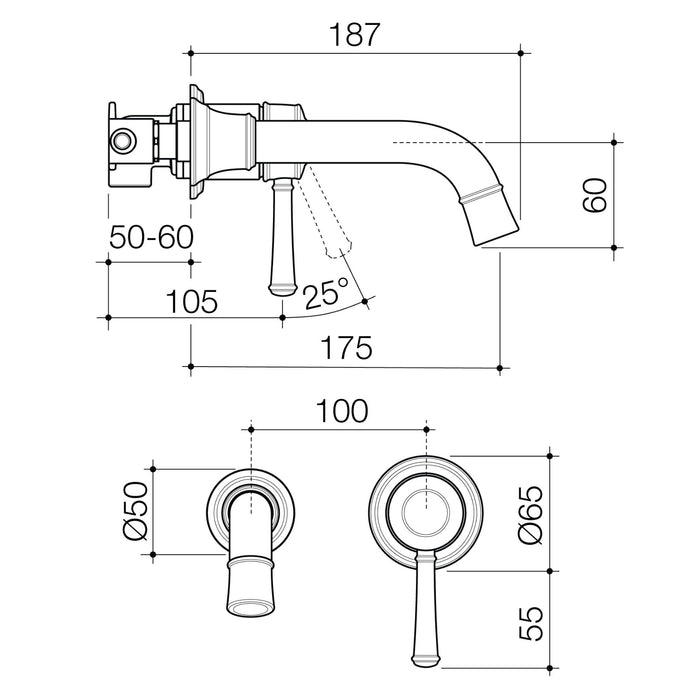 Technical Drawing Caroma Riviere Wall Basin Bath Mixer 175mm - Brushed Brass 520009BB6AF - The Blue Space