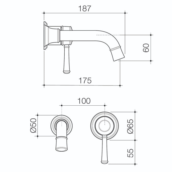 Technical Drawing Caroma Riviere Wall Basin Bath Mixer 175mm Trim Kit - Brushed Bronze 520011BBZ6AF - The Blue Space