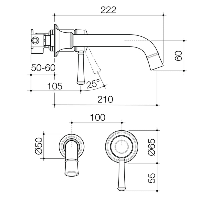 Technical Drawing Caroma Riviere Wall Basin Bath Mixer 210mm - Brushed Bronze 520010BBZ6AF - The Blue Space