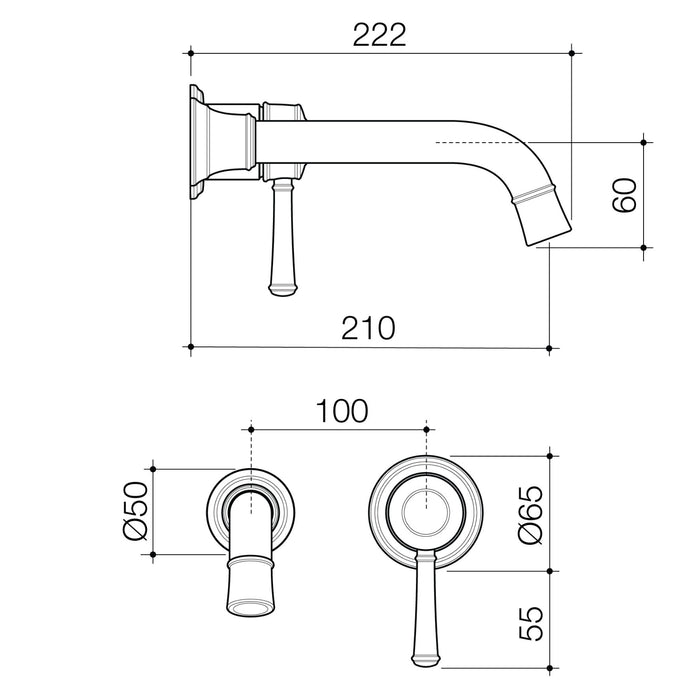 Technical Drawing Caroma Riviere Wall Basin Bath Mixer 210mm Trim Kit - Brushed Brass 520012BB6AF - The Blue Space