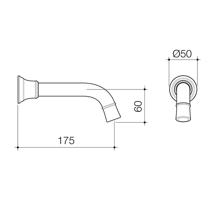 Technical Drawing Caroma Riviere Wall Basin Bath Outlet 175mm - Brushed Brass 520013BB6AF - The Blue Space