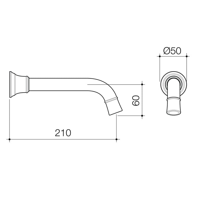 Technical Drawing Caroma Riviere Wall Basin Bath Outlet 210mm - Brushed Bronze 520014BBZ6AF - The Blue Space