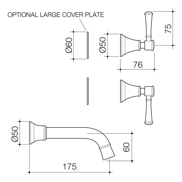 Technical Drawing Caroma Riviere Wall Basin Bath Set 175mm - Chrome 520021C6AF - The Blue Space