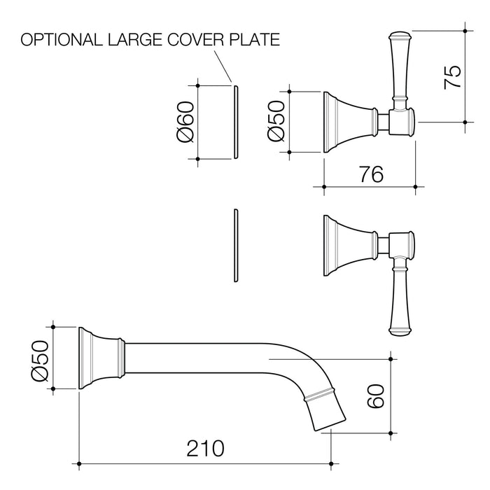 Technical Drawing Caroma Riviere Wall Basin Bath Set 210mm - Brushed Nickel 520022BN6AF - The Blue Space