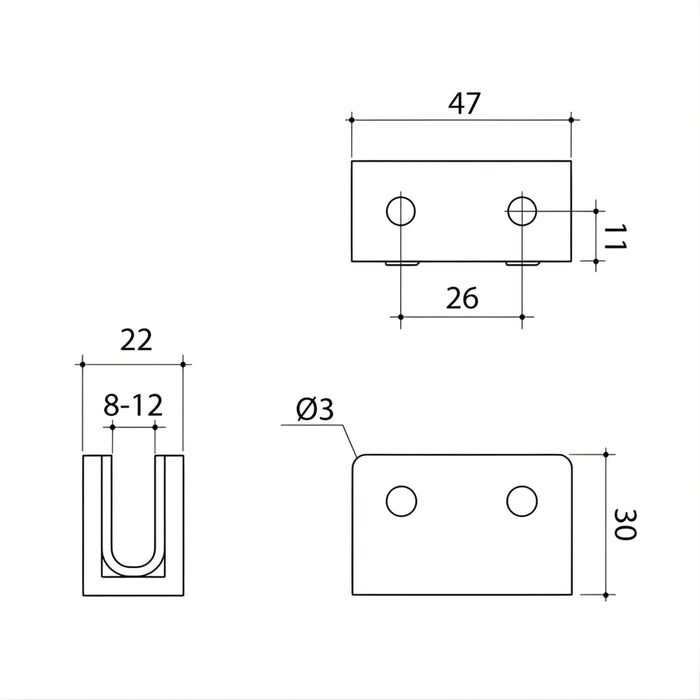 Technical Drawing Caroma Shower Glass U Bracket Brushed Bronze 14228001BBZ - The Blue Space