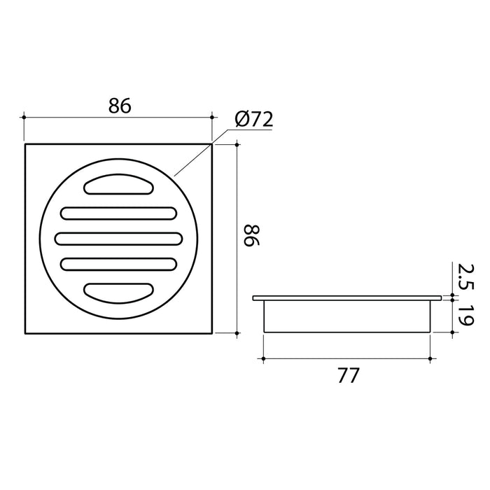 Technical Drawing Caroma Square Floor Waste - 80mm Outlet - Chrome 12975034C - The Blue Space