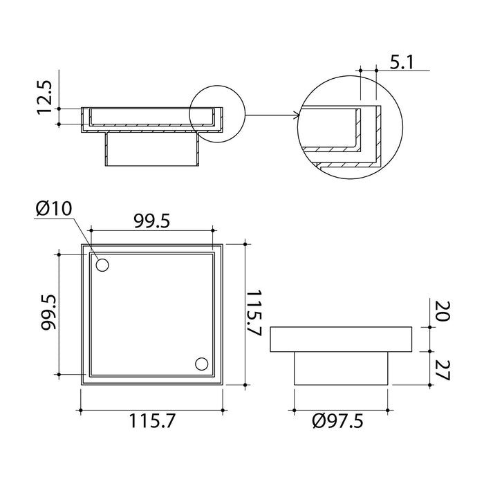 Technical Drawing Caroma Square Floor Waste 100mm Outlet Tile Insert - Chrome 14228029C - The Blue Space