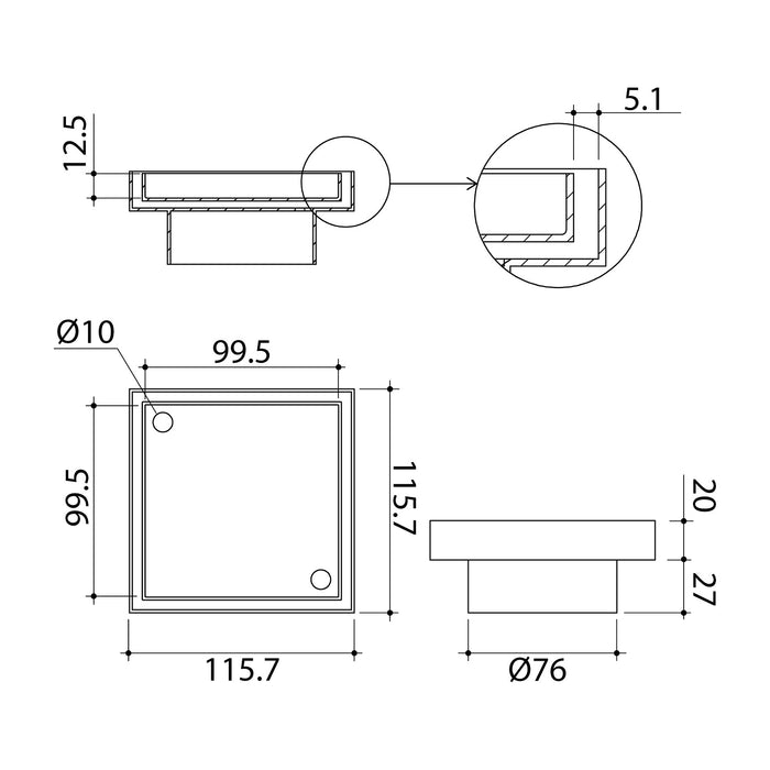 Technical Drawing Caroma Square Floor Waste 80mm Outlet Tile Insert - Chrome 14228028C - The Blue Space