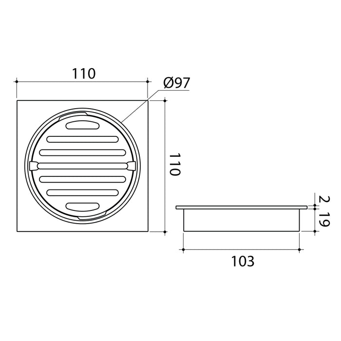Technical Drawing Caroma Square Floor Waste Grate 100mm Outlet - Chrome 12975037C - The Blue Space
