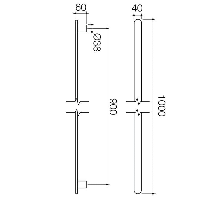 Technical Drawing Caroma Urbane II Heated Towel Rail - Vertical - Gunmetal 11202085GM - The Blue Space