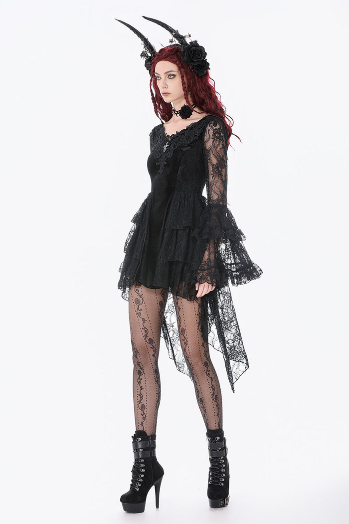 black lace gothic dress with sheer sleeves
