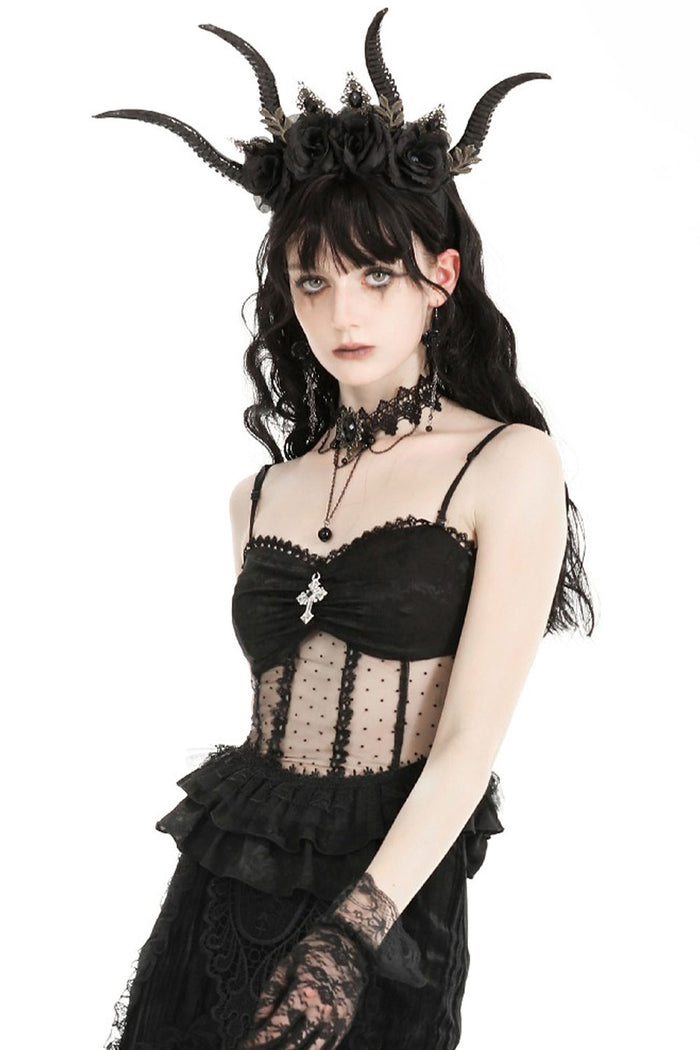 Corset style mesh tank top with pendant and lace