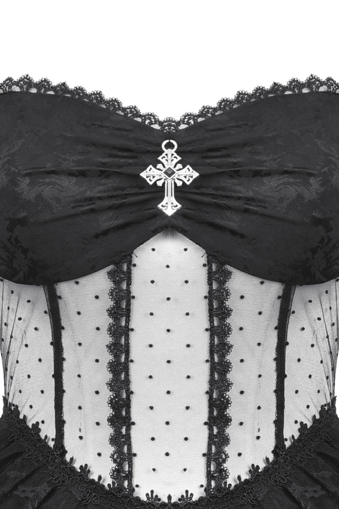 Corset style top with lace fringe and mesh