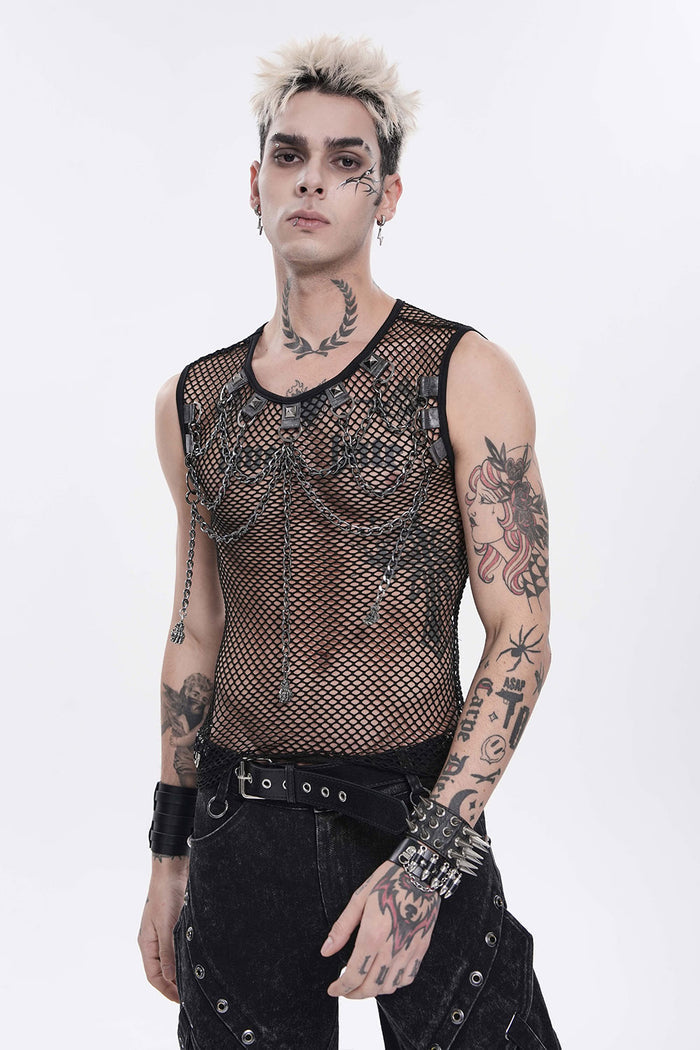 Mens black fishnet tank top with chain detail