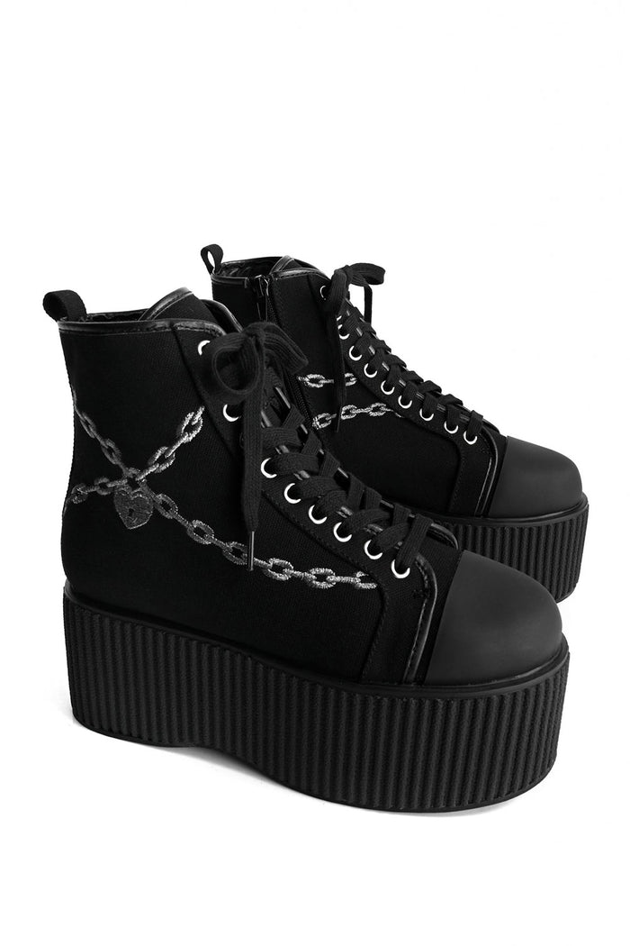 black canvas emo platform lace-up sneaker shoes with embroidered chains and lockets