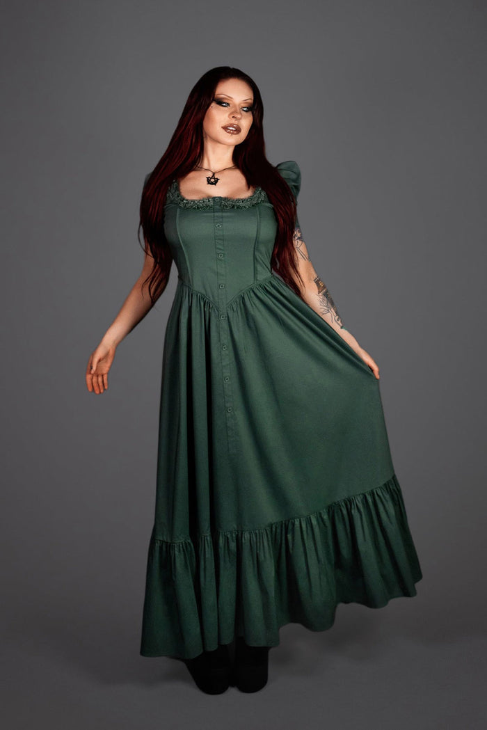 womens puff short sleeve green cottagecore dress