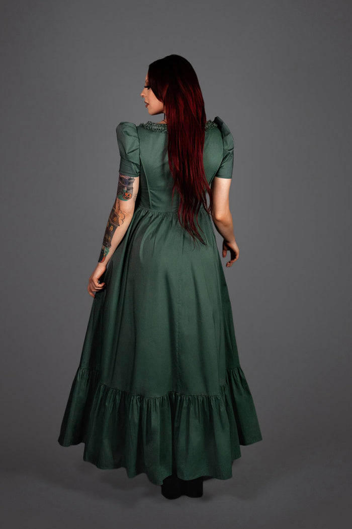 sweetheart neckline womens puff short sleeve green cottagecore dress