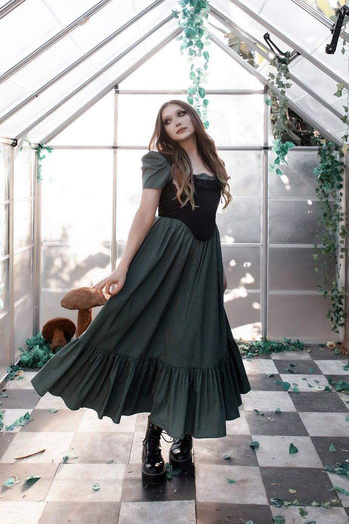 womens puff short sleeve green cottagecore dress by lively ghosts