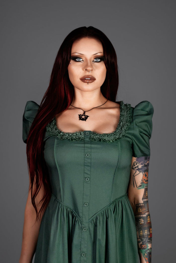 womens puff short sleeve green cottagecore dress with lace details