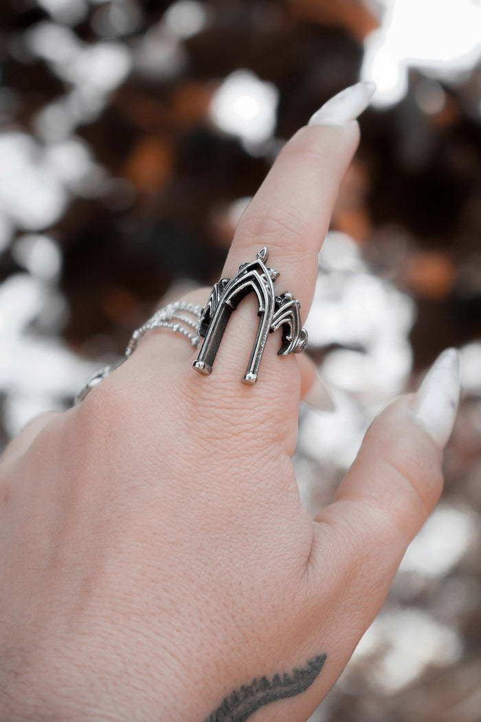 haunting stainless steel gothic cathedral arched ring