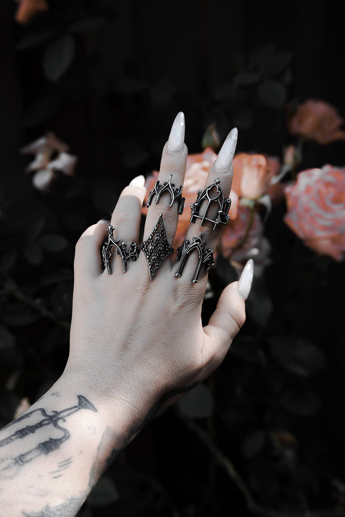 vintage inspired stainless steel gothic cathedral arched rings