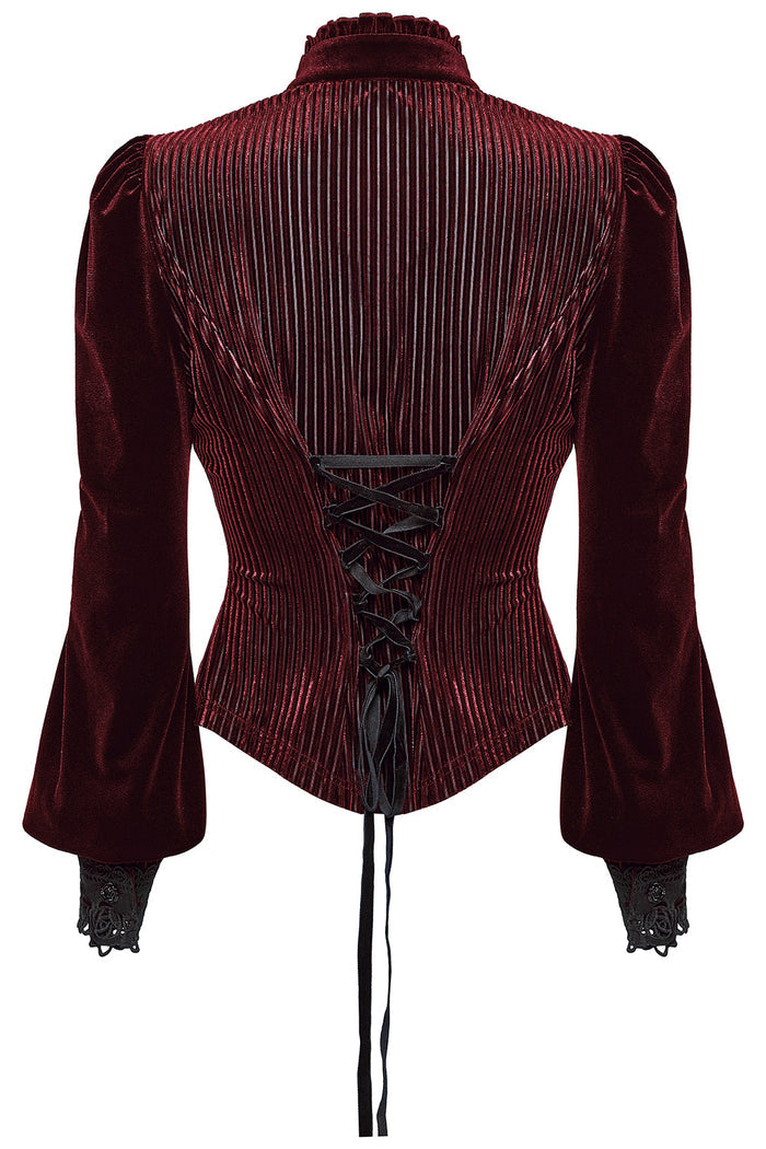 ruffled collar ribbed dark red velvet vampire goth button-down blouse by punk rave