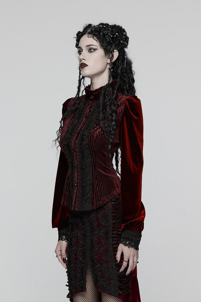 high collar billowy sleeve dark red velvet vampire goth top