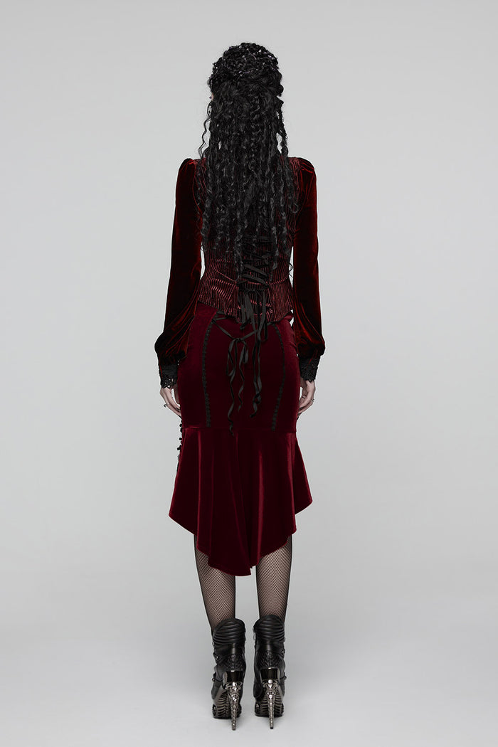 womens ribbed dark red velvet vampire goth top with lace-up corset back