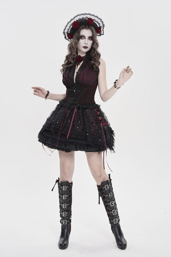 victorian gothic lace trim ruffled hat with red roses by devil fashion