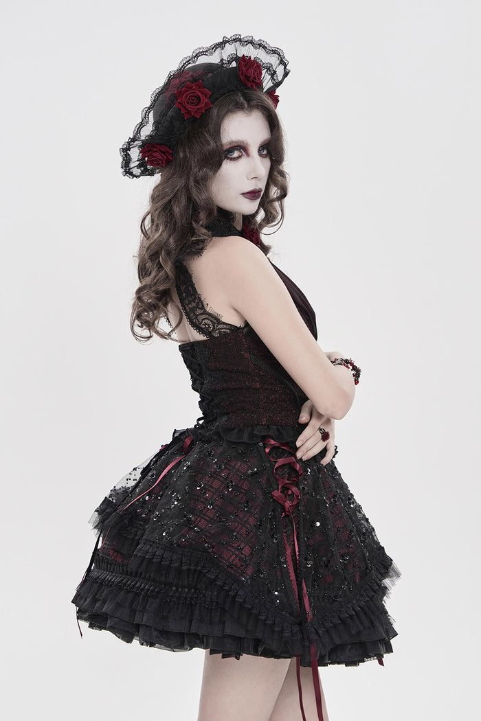 victorian gothic lace trim ruffled hat with red roses
