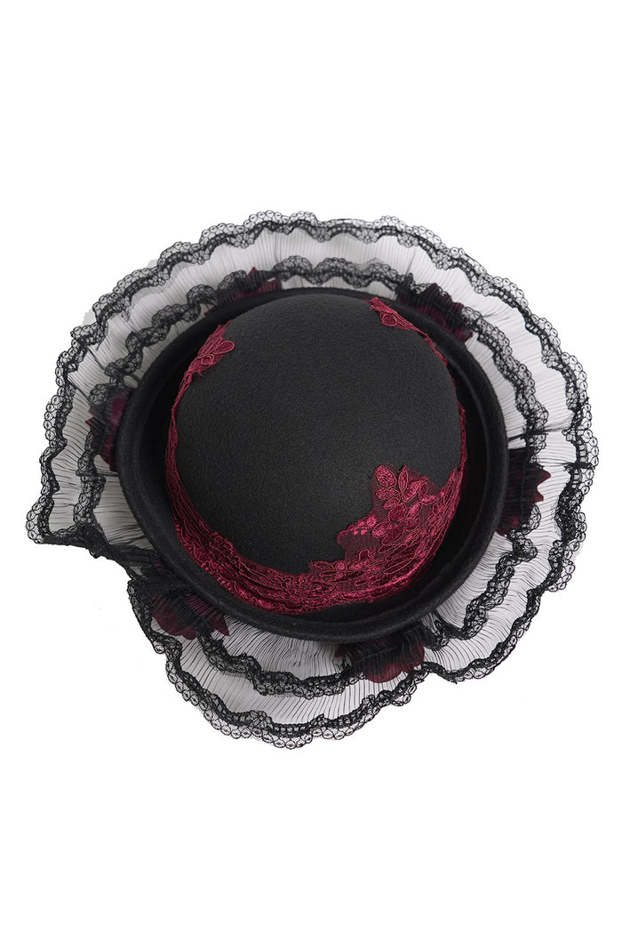 dark whimsical victorian gothic lace trim ruffled hat with red roses
