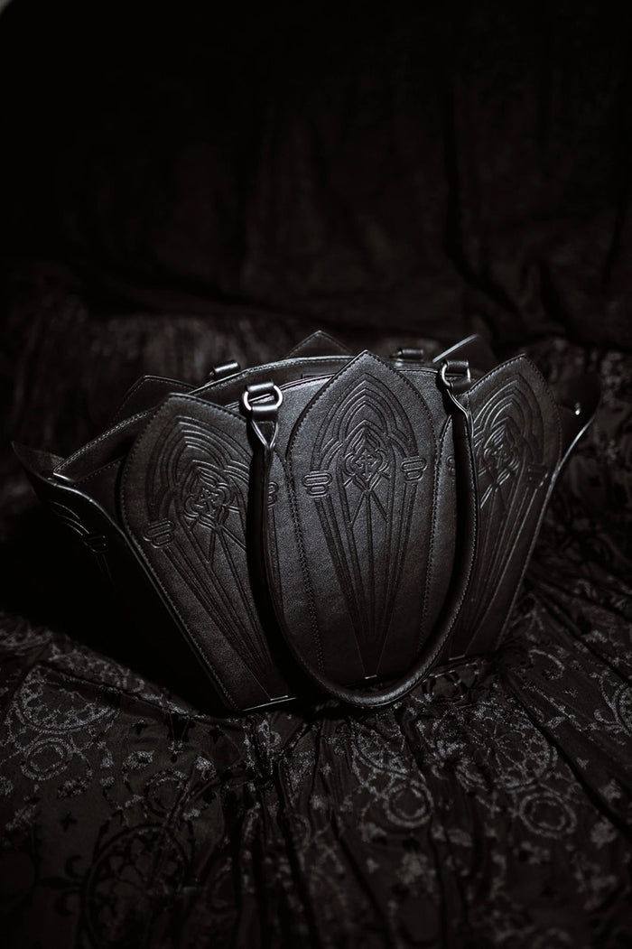 gothic cathedral shoulder bag with detachable shoulder strap and with red interior lining