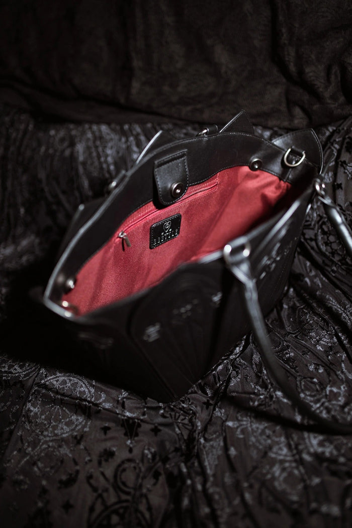 vegan gothic cathedral shoulder bag with detachable shoulder strap and with red interior lining
