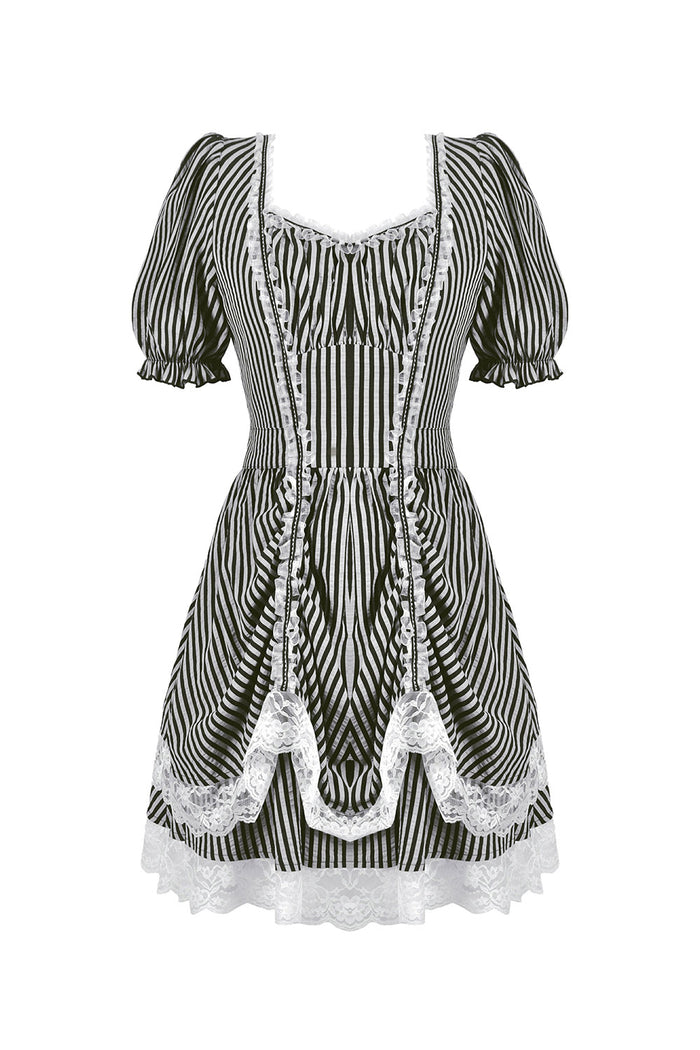 Black and white striped dress with lace details on a white background