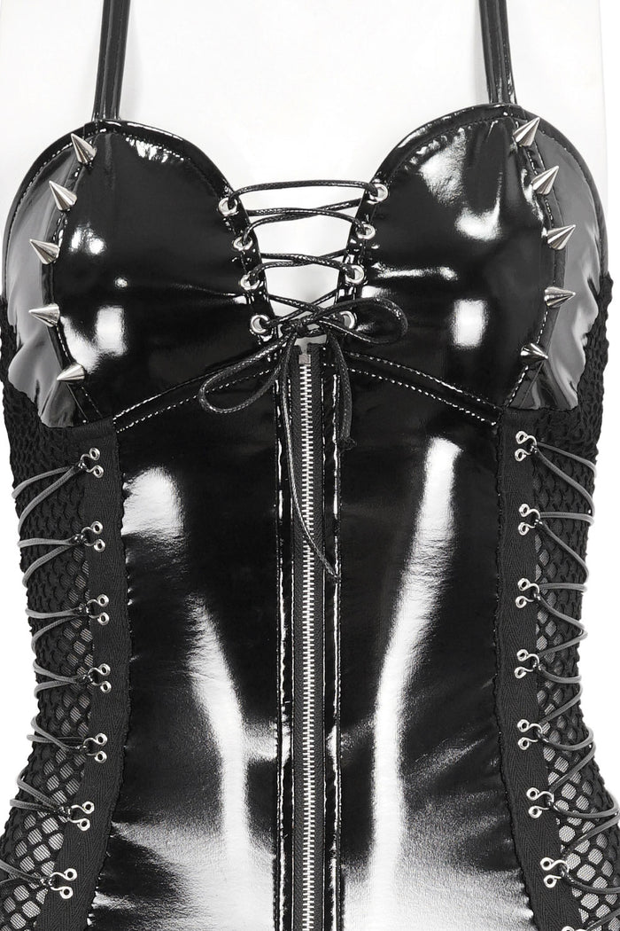 Womens punk bodysuit with spikes and mesh detail